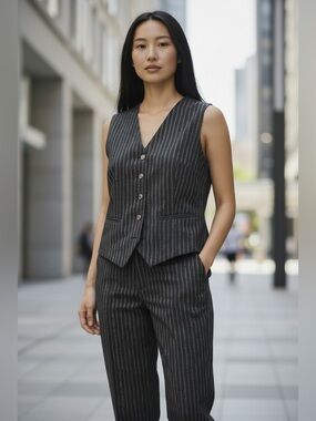 Women's 2 Piece Set - Black w/ Grey Vertical Stripe